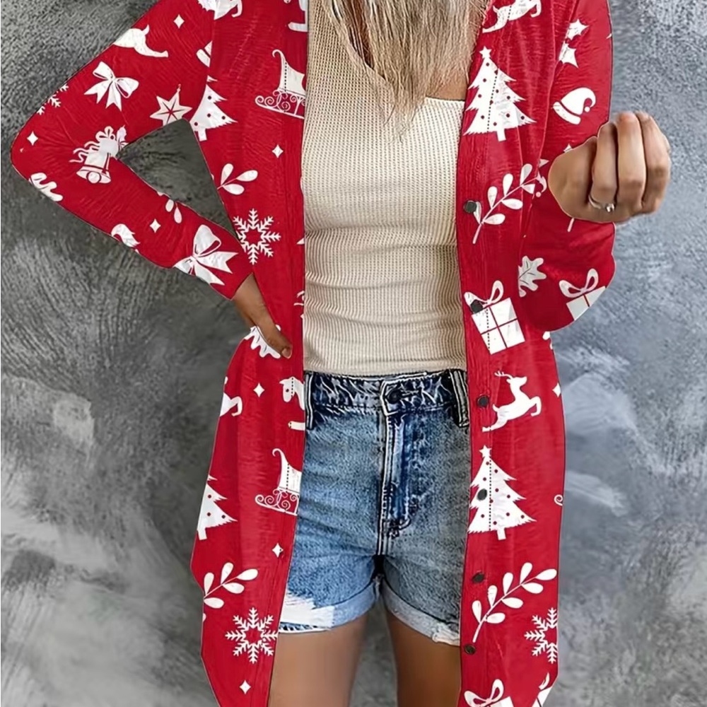 Plus Size Christmas, Women's Graphic Print Long Sleeve Open Front Cardigan